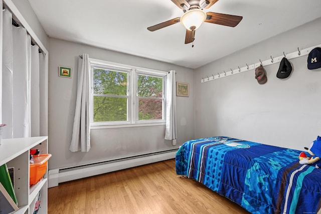 277 Tryon St, Middletown, CT 06457 - bedroom with a baseboard radiator, light wood finished floors, a ceiling fan, and a closet