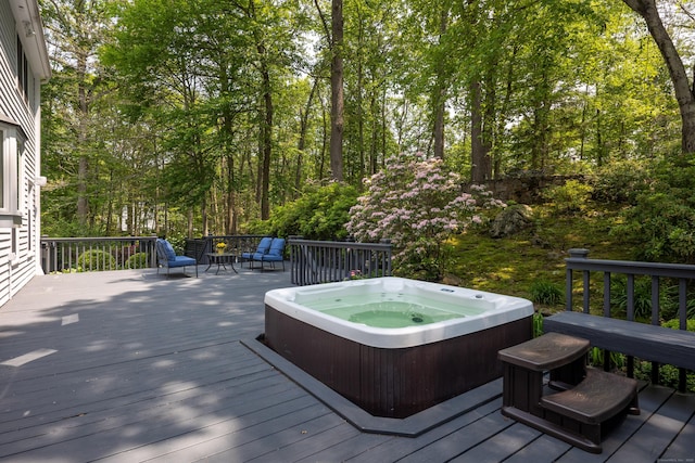 305 Thayer Pond Rd, Wilton, CT 06897 - wooden terrace featuring a hot tub