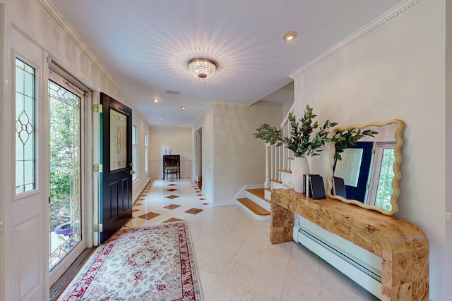 305 Thayer Pond Rd, Wilton, CT 06897 - entryway featuring a baseboard radiator, healthy amount of natural light, baseboards, stairway, and crown molding
