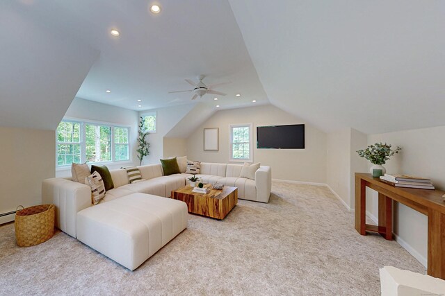 305 Thayer Pond Rd, Wilton, CT 06897 - living area featuring recessed lighting, healthy amount of natural light, light carpet, lofted ceiling, and ceiling fan