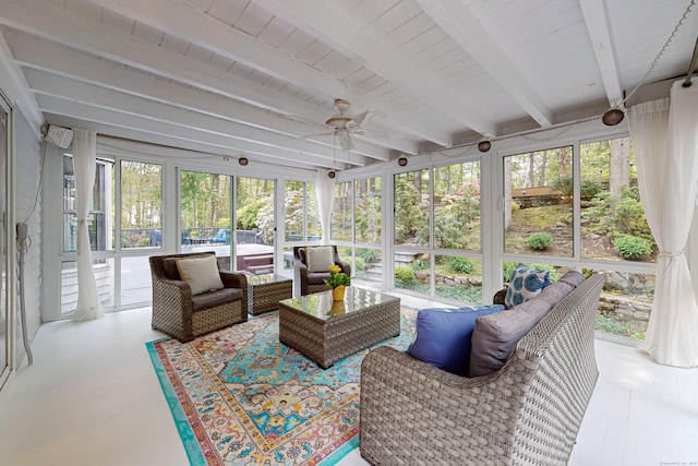 305 Thayer Pond Rd, Wilton, CT 06897 - sunroom / solarium featuring beamed ceiling, ceiling fan, and outdoor lounge area