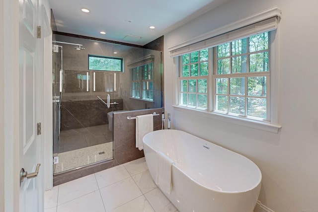 305 Thayer Pond Rd, Wilton, CT 06897 - bathroom featuring a freestanding bath, a stall shower, and recessed lighting