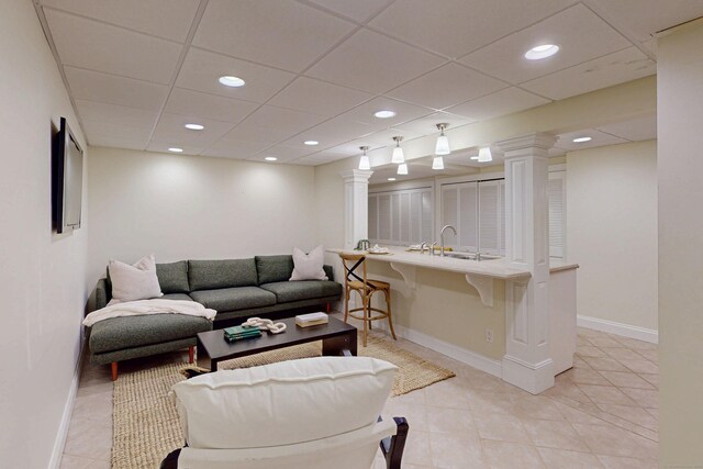 305 Thayer Pond Rd, Wilton, CT 06897 - living room with baseboards, a paneled ceiling, recessed lighting, and light tile patterned floors