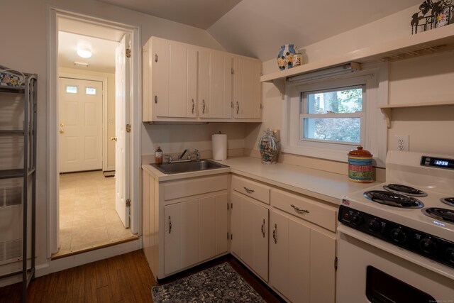 305 Thayer Pond Rd, Wilton, CT 06897 - kitchen featuring white electric range oven, a sink, light countertops, white cabinets, and dark wood finished floors