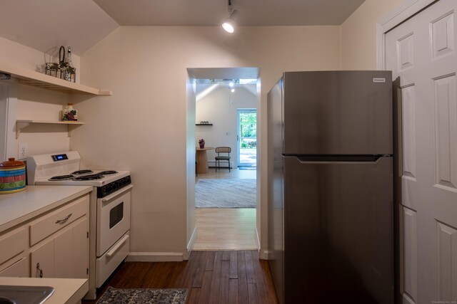 305 Thayer Pond Rd, Wilton, CT 06897 - kitchen featuring freestanding refrigerator, white electric range oven, dark wood-style flooring, light countertops, and baseboards
