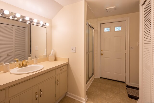 305 Thayer Pond Rd, Wilton, CT 06897 - bathroom with a closet, vanity, a stall shower, and baseboards