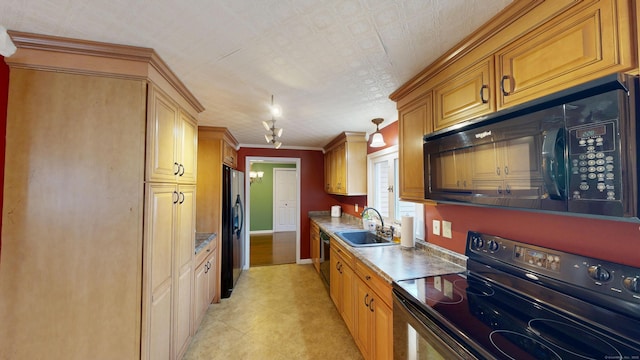 174 Round Hill Rd, Meriden, CT 06450 - kitchen with black appliances, a sink, light tile patterned floors, baseboards, and crown molding