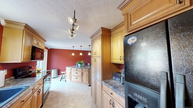 174 Round Hill Rd, Meriden, CT 06450 - kitchen with black appliances, a sink, light tile patterned flooring, and decorative light fixtures