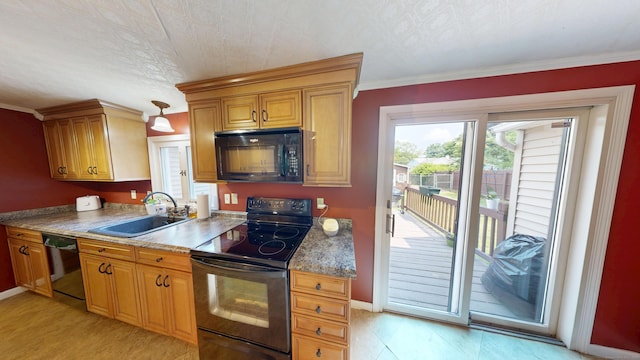 174 Round Hill Rd, Meriden, CT 06450 - kitchen featuring black appliances, a sink, baseboards, ornamental molding, and brown cabinets