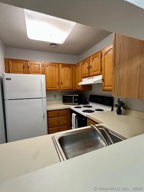 625 Palisado Ave Apt 206, Windsor, CT 06095 - kitchen with freestanding refrigerator, electric range oven, under cabinet range hood, stainless steel microwave, and light countertops