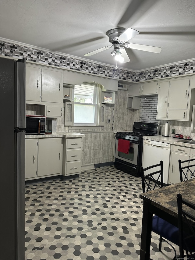 130 Judd Ave, New Britain, CT 06051 - kitchen featuring black appliances, light countertops, ceiling fan, a textured ceiling, and backsplash