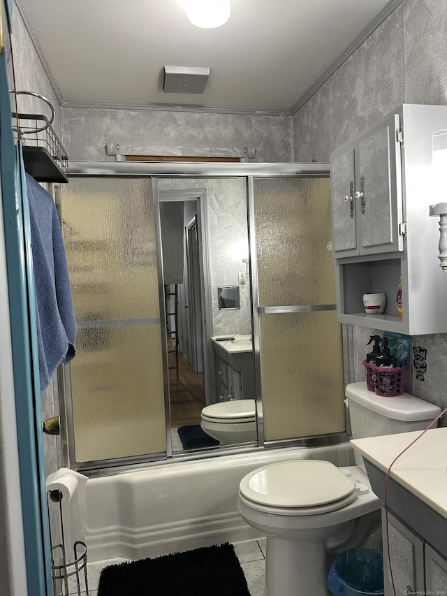 130 Judd Ave, New Britain, CT 06051 - bathroom with vanity, toilet, shower / bath combination with glass door, and ornamental molding