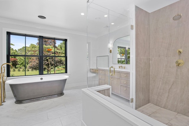 52 Garibaldi Ln, New Canaan, CT 06840 - full bath featuring marble finish flooring, crown molding, a soaking tub, a shower, and vanity