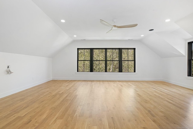 52 Garibaldi Ln, New Canaan, CT 06840 - additional living space featuring lofted ceiling, baseboards, light wood-type flooring, recessed lighting, and ceiling fan