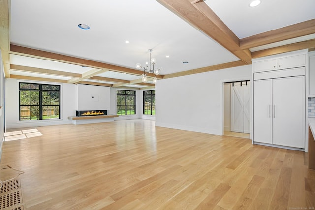 52 Garibaldi Ln, New Canaan, CT 06840 - unfurnished living room with beam ceiling, a chandelier, light wood-style floors, recessed lighting, and baseboards