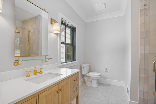52 Garibaldi Ln, New Canaan, CT 06840 - bathroom with toilet, vanity, tiled shower, and baseboards