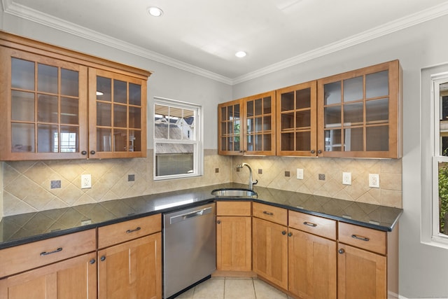 28 Chestnut St, Windsor Locks, CT 06096 - kitchen featuring stainless steel dishwasher, a sink, glass insert cabinets, decorative backsplash, and recessed lighting