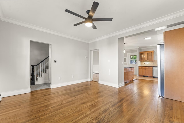28 Chestnut St, Windsor Locks, CT 06096 - unfurnished living room with wood finished floors, a ceiling fan, stairway, ornamental molding, and baseboards