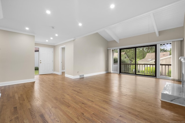 513 Opa Ln Unit B, Stratford, CT 06614 - unfurnished living room featuring wood finished floors, recessed lighting, baseboards, beamed ceiling, and crown molding