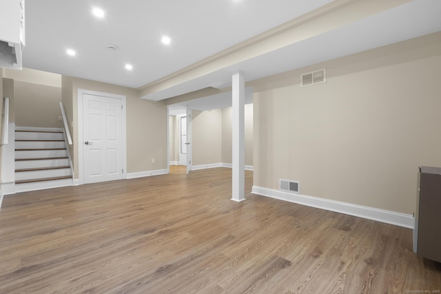 513 Opa Ln Unit B, Stratford, CT 06614 - finished basement featuring light wood-style flooring, baseboards, stairway, and recessed lighting