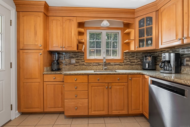 43 Superior Ave, Newington, CT 06111 - kitchen featuring dishwasher, a sink, light tile patterned flooring, open shelves, and light stone countertops