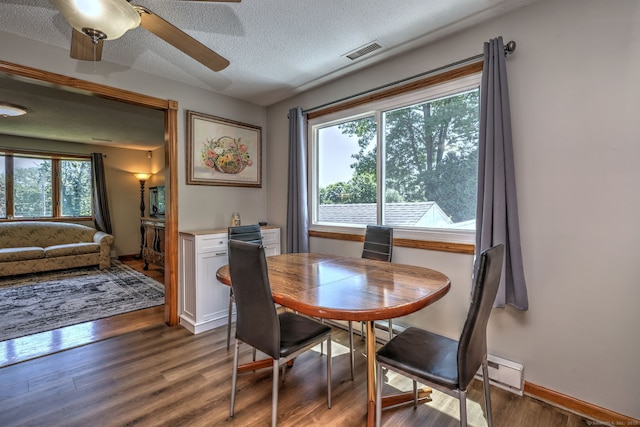 50 Sea Hill Rd, North Branford, CT 06471 - dining room featuring wood finished floors, healthy amount of natural light, a textured ceiling, baseboards, and ceiling fan