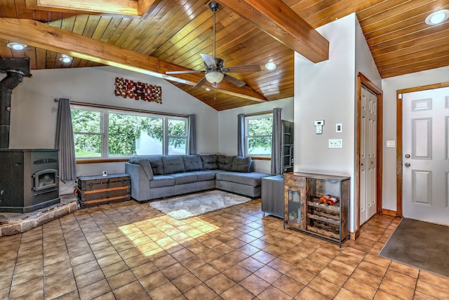 50 Sea Hill Rd, North Branford, CT 06471 - tiled living area with a wood stove, wood ceiling, ceiling fan, and recessed lighting