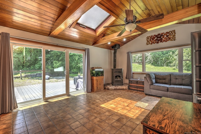 50 Sea Hill Rd, North Branford, CT 06471 - living room with a wood stove, wooden ceiling, healthy amount of natural light, and ceiling fan