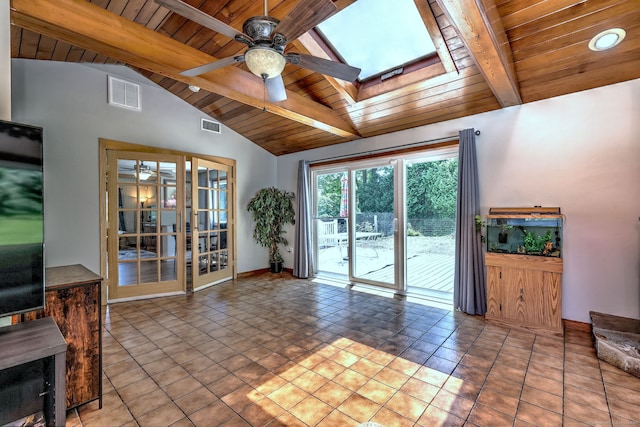 50 Sea Hill Rd, North Branford, CT 06471 - unfurnished living room featuring wood ceiling, a ceiling fan, a skylight, and baseboards
