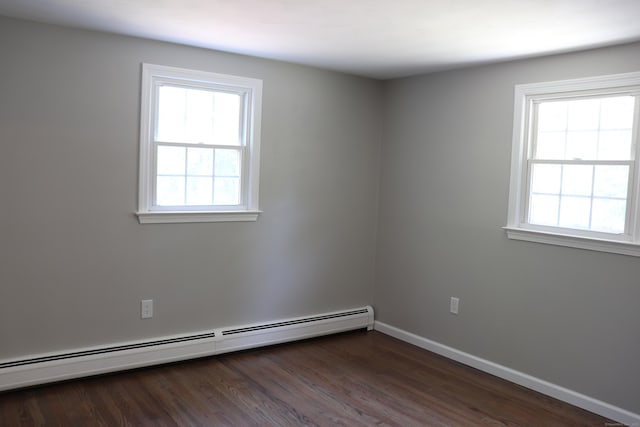 197 New Rd, Tolland, CT 06084 - empty room featuring a baseboard heating unit, plenty of natural light, dark wood-style floors, and baseboards