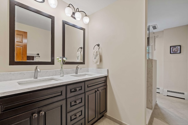 37 Sheffield Ln, Madison, CT 06443 - bathroom with a baseboard radiator, double vanity, tile patterned flooring, and a shower