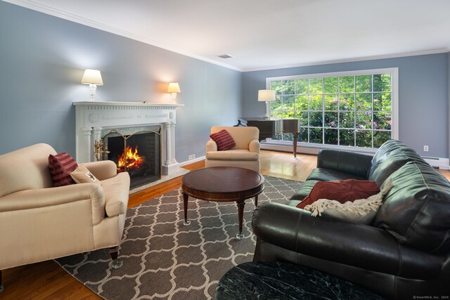 43 Hall Rd, Easton, CT 06612 - living room with wood finished floors, crown molding, a high end fireplace, and a baseboard heating unit