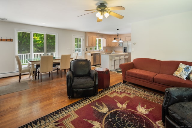 43 Hall Rd, Easton, CT 06612 - living room with light wood finished floors, ceiling fan, and recessed lighting