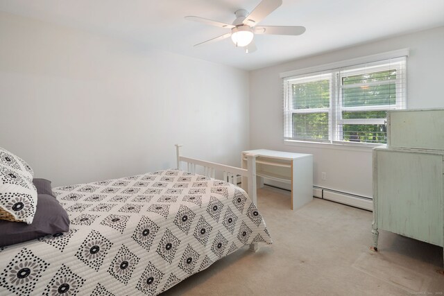 43 Hall Rd, Easton, CT 06612 - bedroom with light carpet, a baseboard heating unit, and ceiling fan