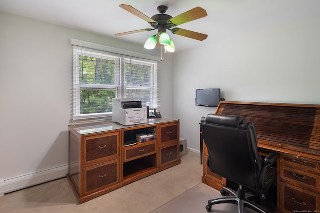 43 Hall Rd, Easton, CT 06612 - office area with ceiling fan, light carpet, and a baseboard radiator