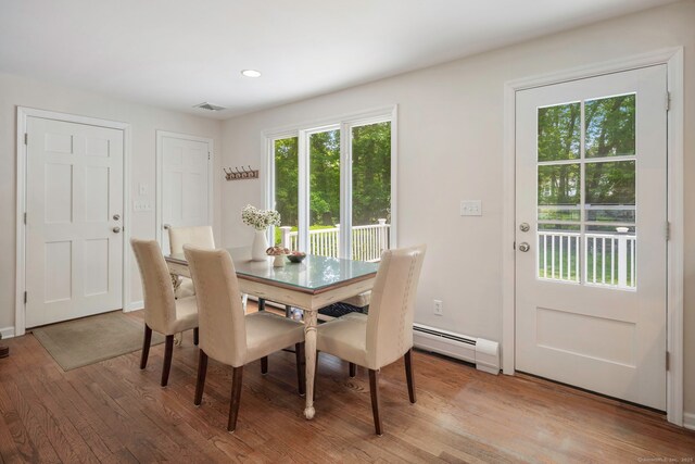 43 Hall Rd, Easton, CT 06612 - dining room with baseboard heating, light wood-style flooring, and recessed lighting