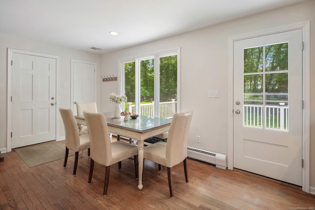 43 Hall Rd, Easton, CT 06612 - dining room with a baseboard heating unit, light wood-style floors, and recessed lighting