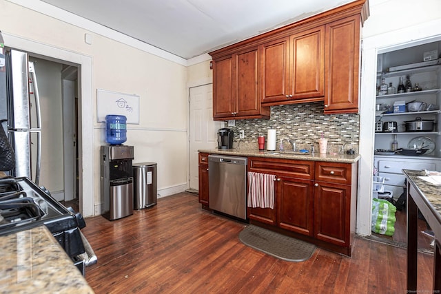 3800 Main St, Stratford, CT 06614 - kitchen with stainless steel dishwasher, dark wood-style floors, a sink, tasteful backsplash, and ornamental molding