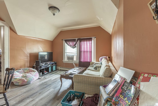 3800 Main St, Stratford, CT 06614 - living area featuring wood finished floors, a baseboard radiator, and lofted ceiling