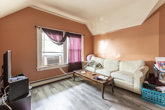 3800 Main St, Stratford, CT 06614 - living room featuring vaulted ceiling, wood finished floors, and a baseboard radiator