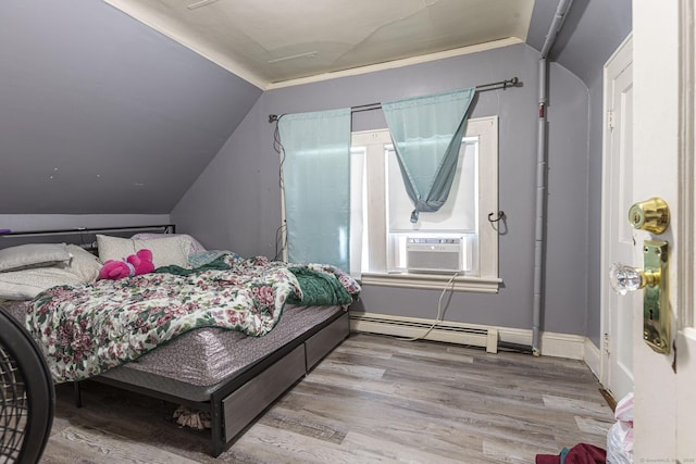 3800 Main St, Stratford, CT 06614 - bedroom featuring baseboard heating, vaulted ceiling, wood finished floors, cooling unit, and crown molding