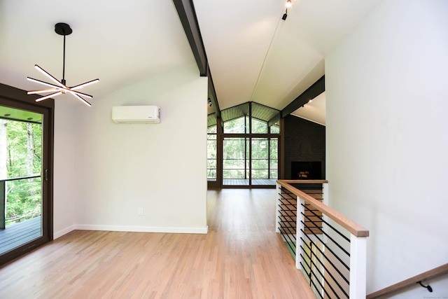 7 Hillcrest Ln, Weston, CT 06883 - unfurnished living room featuring an AC wall unit, plenty of natural light, wood finished floors, and a brick fireplace