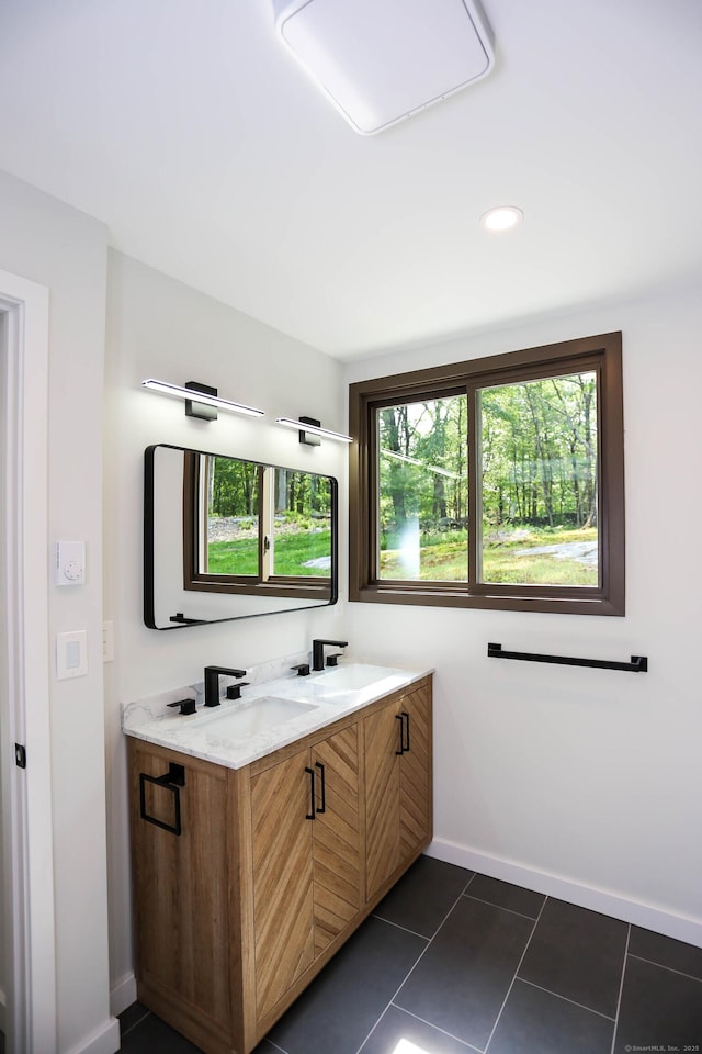 7 Hillcrest Ln, Weston, CT 06883 - bathroom featuring double vanity, tile patterned flooring, and recessed lighting