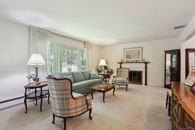 26 Wayfaring Rd, Norwalk, CT 06851 - living area with light colored carpet, a glass covered fireplace, and a baseboard heating unit
