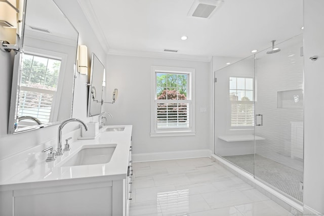 868 S Pine Creek Rd, Fairfield, CT 06824 - bathroom featuring marble look tile flooring, crown molding, a stall shower, double vanity, and recessed lighting
