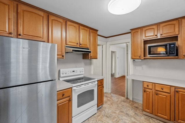 28 Wardwell Rd, West Hartford, CT 06107 - kitchen with stainless steel appliances, under cabinet range hood, light countertops, brown cabinets, and crown molding