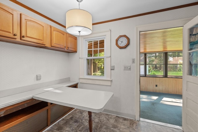 28 Wardwell Rd, West Hartford, CT 06107 - kitchen with ornamental molding, pendant lighting, and light countertops