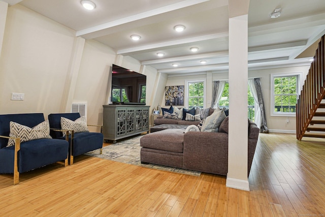 958 Essex Rd, Westbrook, CT 06498 - living area with light wood-style floors, plenty of natural light, stairs, beam ceiling, and recessed lighting