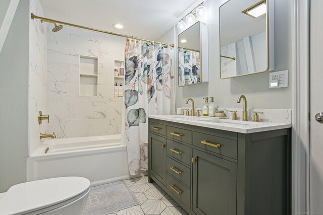 958 Essex Rd, Westbrook, CT 06498 - bathroom with shower / bath combo, double vanity, recessed lighting, and tile patterned flooring