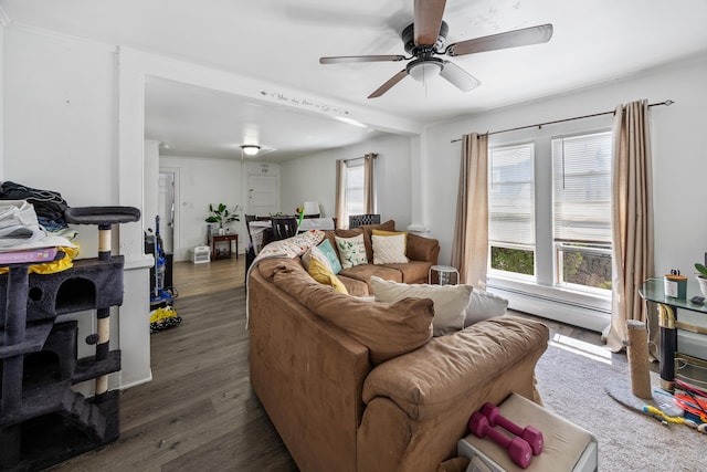 60 Albert St, Torrington, CT 06790 - living area with a baseboard heating unit, a ceiling fan, and wood finished floors